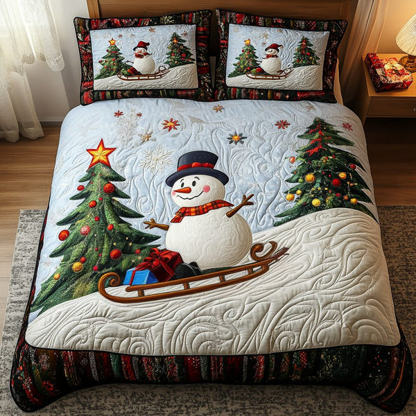 Winter Wonderland Snowman quilted 3-piece bedding set on a made bed in a winter-styled bedroom