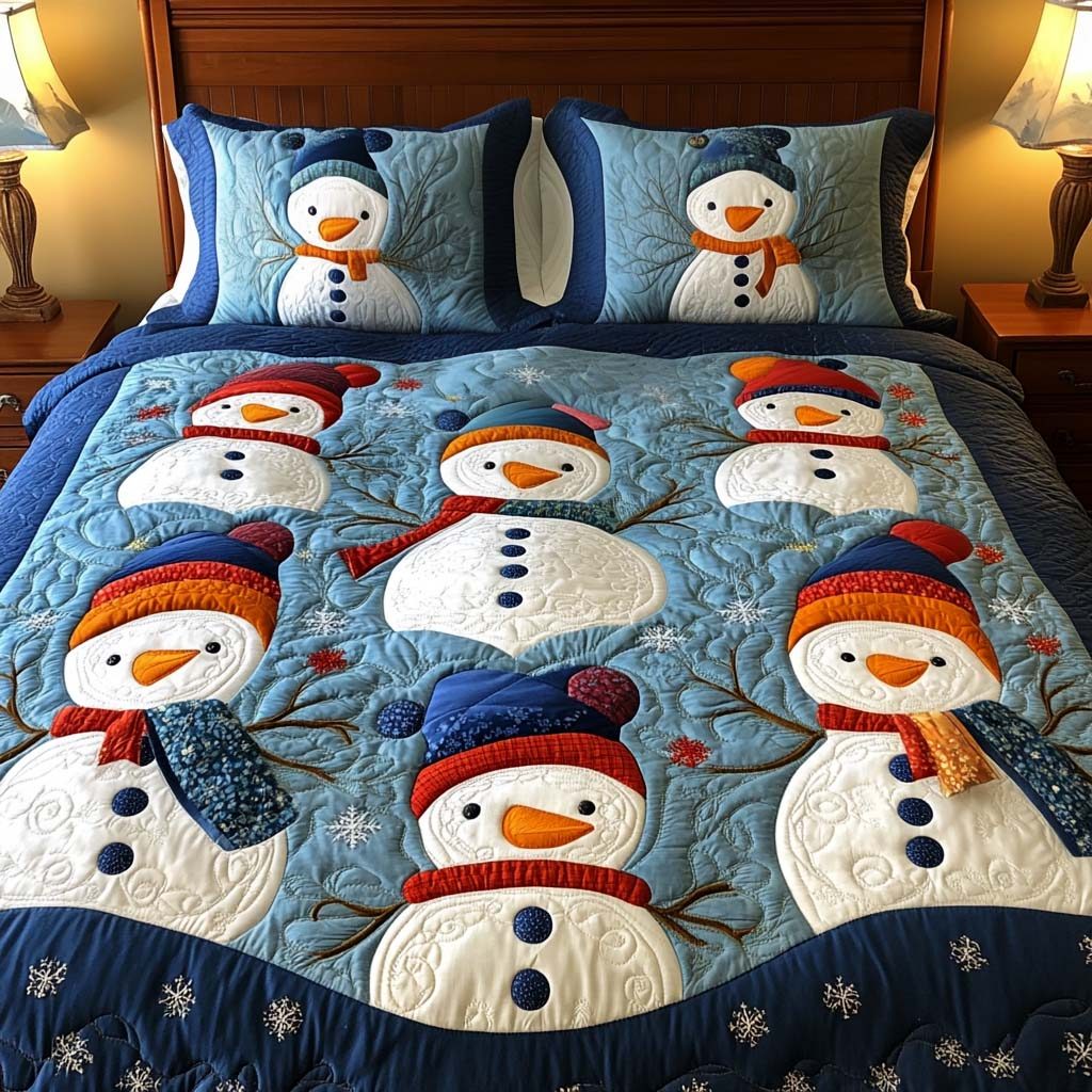 Winter Wonderland Snowmen quilted 3-piece bedding set on a made bed in a winter-styled bedroom