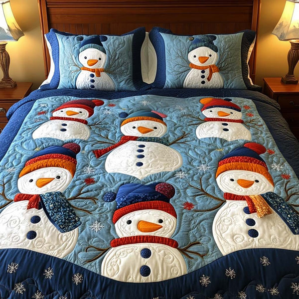 Winter Wonderland Snowmen quilted 3-piece bedding set on a made bed in a winter-styled bedroom