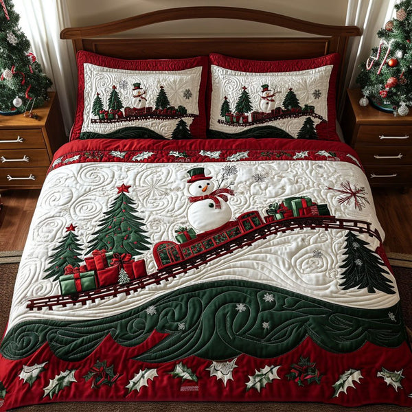 Winter Wonderland Tracks quilted 3-piece bedding set on a made bed in a winter-styled bedroom