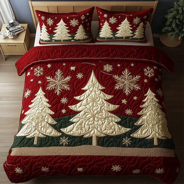 Winter Wonderland Trees quilted 3-piece bedding set on a made bed in a winter-styled bedroom
