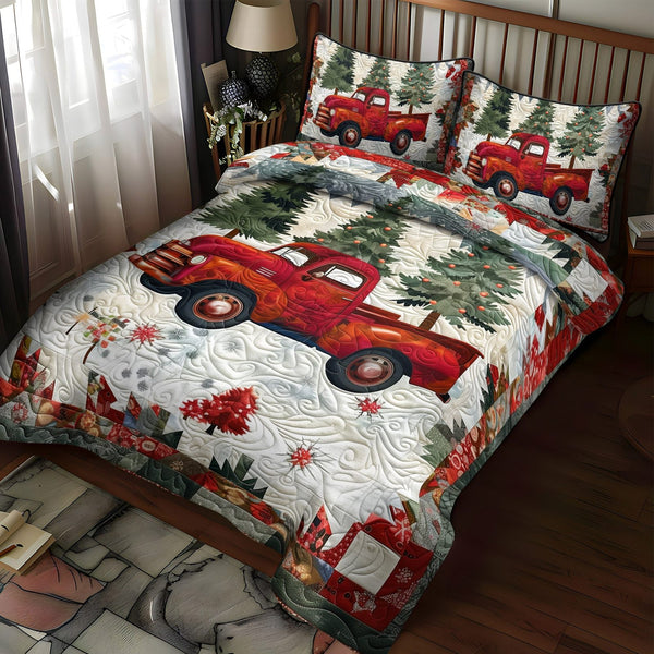 Winter Wonderland Truck quilted 3-piece bedding set on a made bed in a winter-styled bedroom