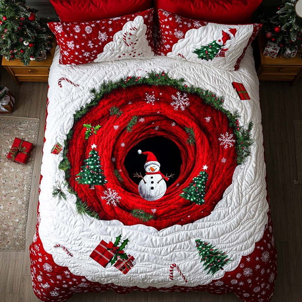Winter Wonderland Warp quilted 3-piece bedding set on a made bed in a winter-styled bedroom