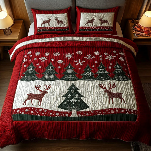 Winter Woodland quilted 3-piece bedding set on a made bed in a winter-styled bedroom