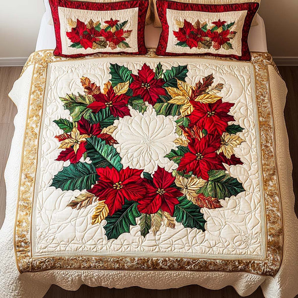 Winter Wreath quilted 3-piece bedding set on a made bed in a winter-styled bedroom