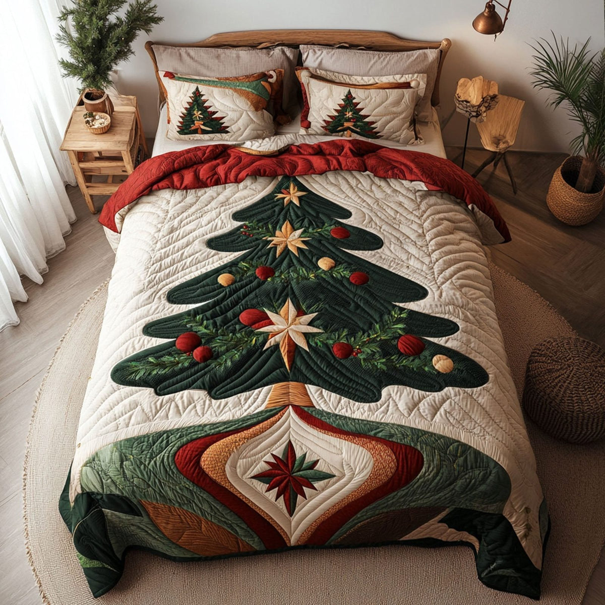 Winters Evergreen quilted 3-piece bedding set on a made bed in a winter-styled bedroom