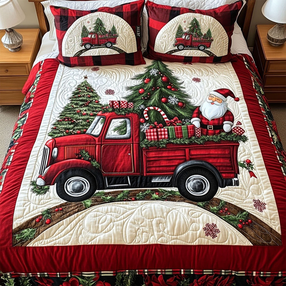 Winters Heart quilted 3-piece bedding set on a made bed in a winter-styled bedroom