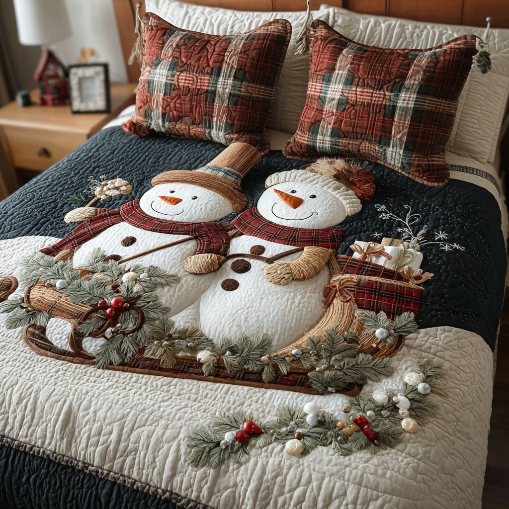 Wintertime Engine quilted 3-piece bedding set on a made bed in a winter-styled bedroom