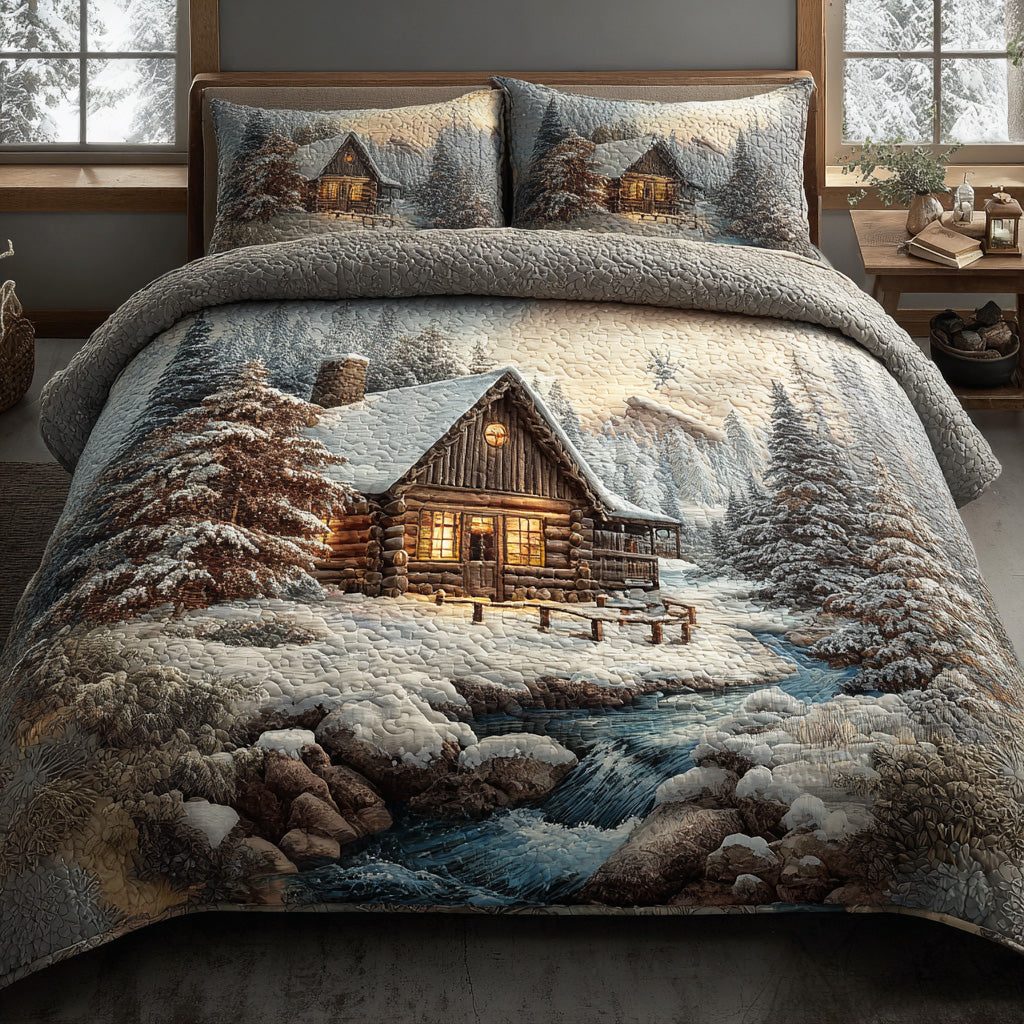 Winterwood Cabin Trail quilted 3-piece bedding set on a made bed in a winter-styled bedroom