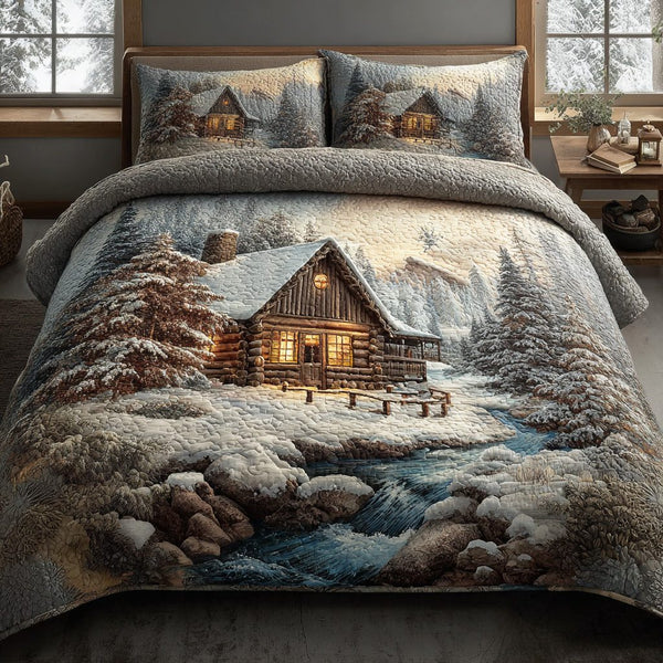 Winterwood Cabin Trail quilted 3-piece bedding set on a made bed in a winter-styled bedroom