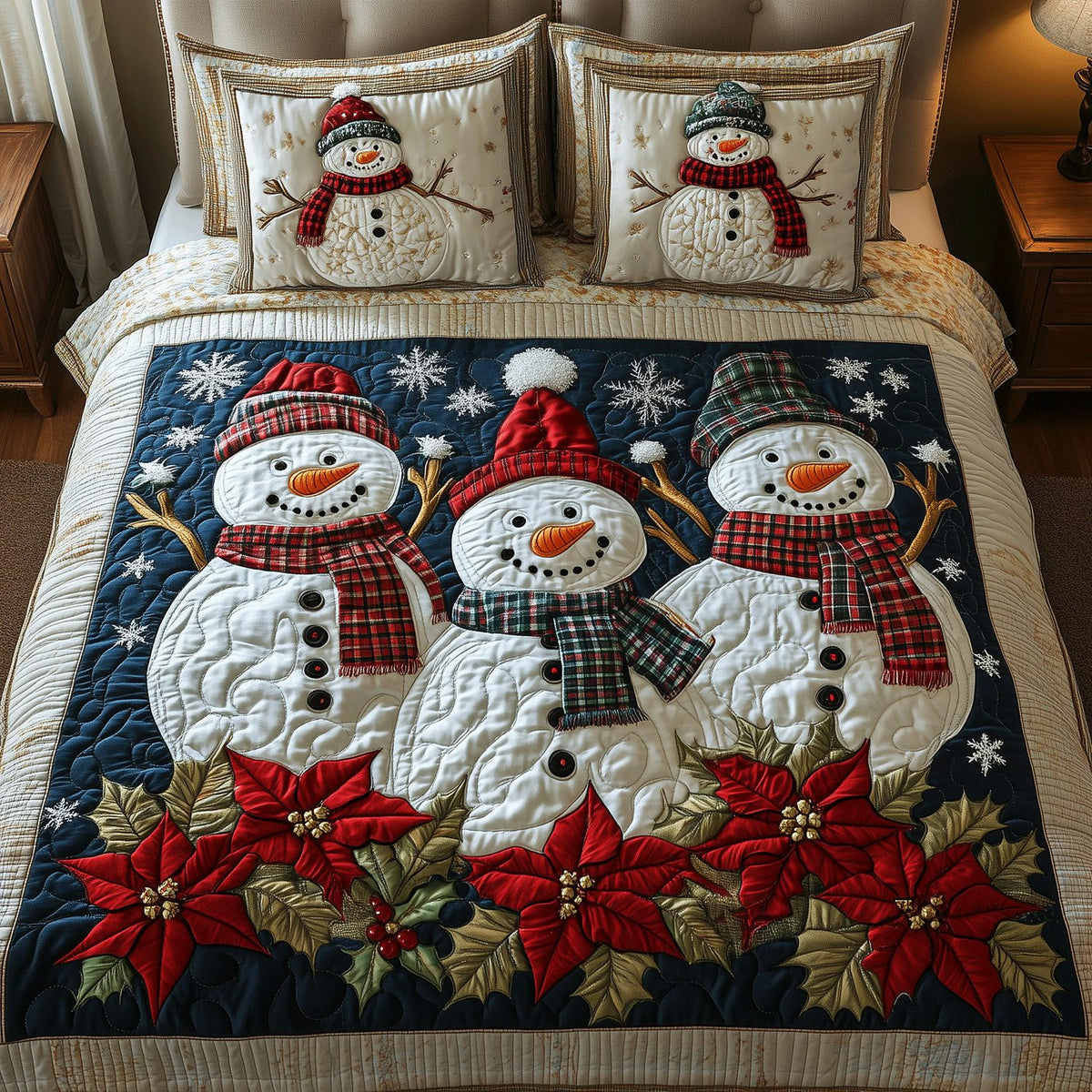 Wintery Snowman Cheer quilted 3-piece bedding set on a made bed in a winter-styled bedroom