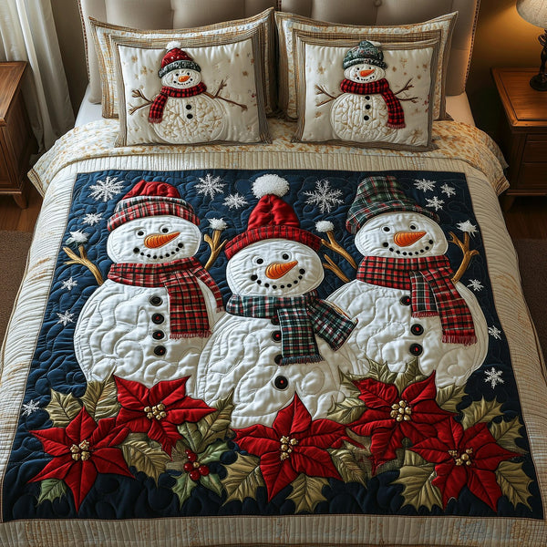 Wintery Snowman Cheer quilted 3-piece bedding set on a made bed in a winter-styled bedroom