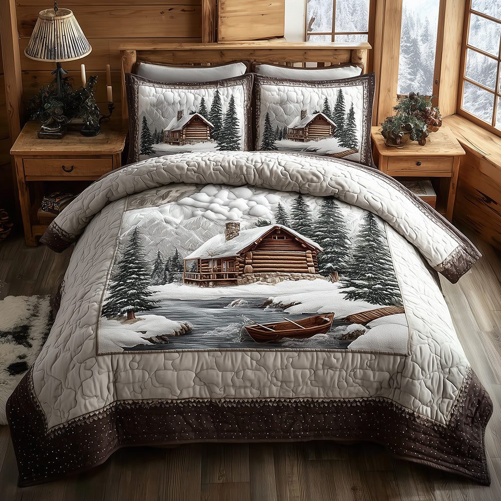 Wintry Dockside quilted 3-piece bedding set on a made bed with two matching pillow shams