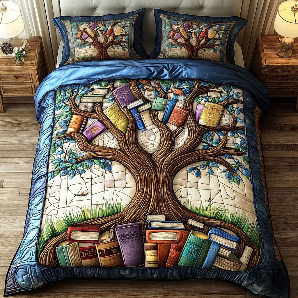 Wisdom Branches quilted 3-piece bedding set on a made bed in a rustic timber bedroom