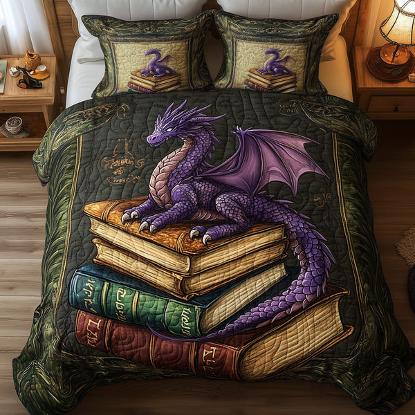 Wisdom Dragon quilted 3-piece bedding set on a made bed with two matching pillow shams