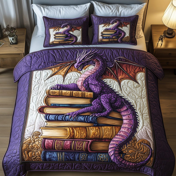 Wisdom Dragon quilted 3-piece bedding set on a made bed with two matching pillow shams
