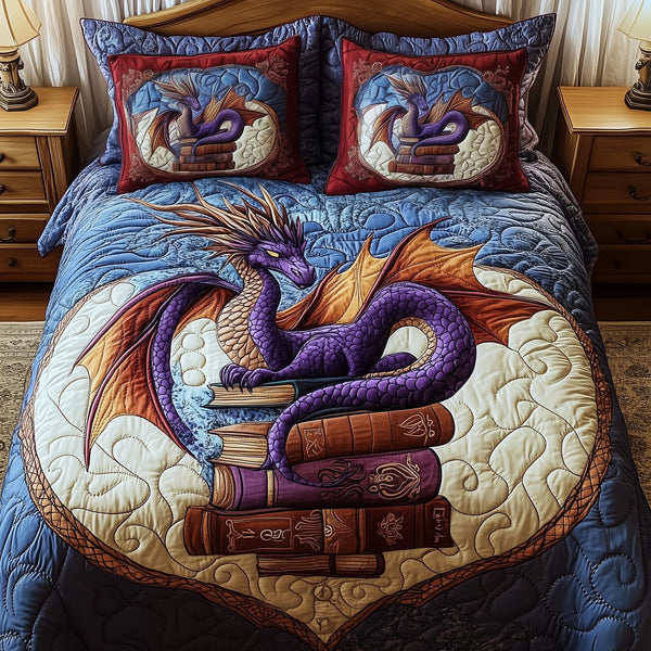 Wisdom Dragon quilted 3-piece bedding set on a made bed with two matching pillow shams