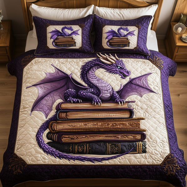 Wisdom Dragon quilted 3-piece bedding set on a made bed with two matching pillow shams
