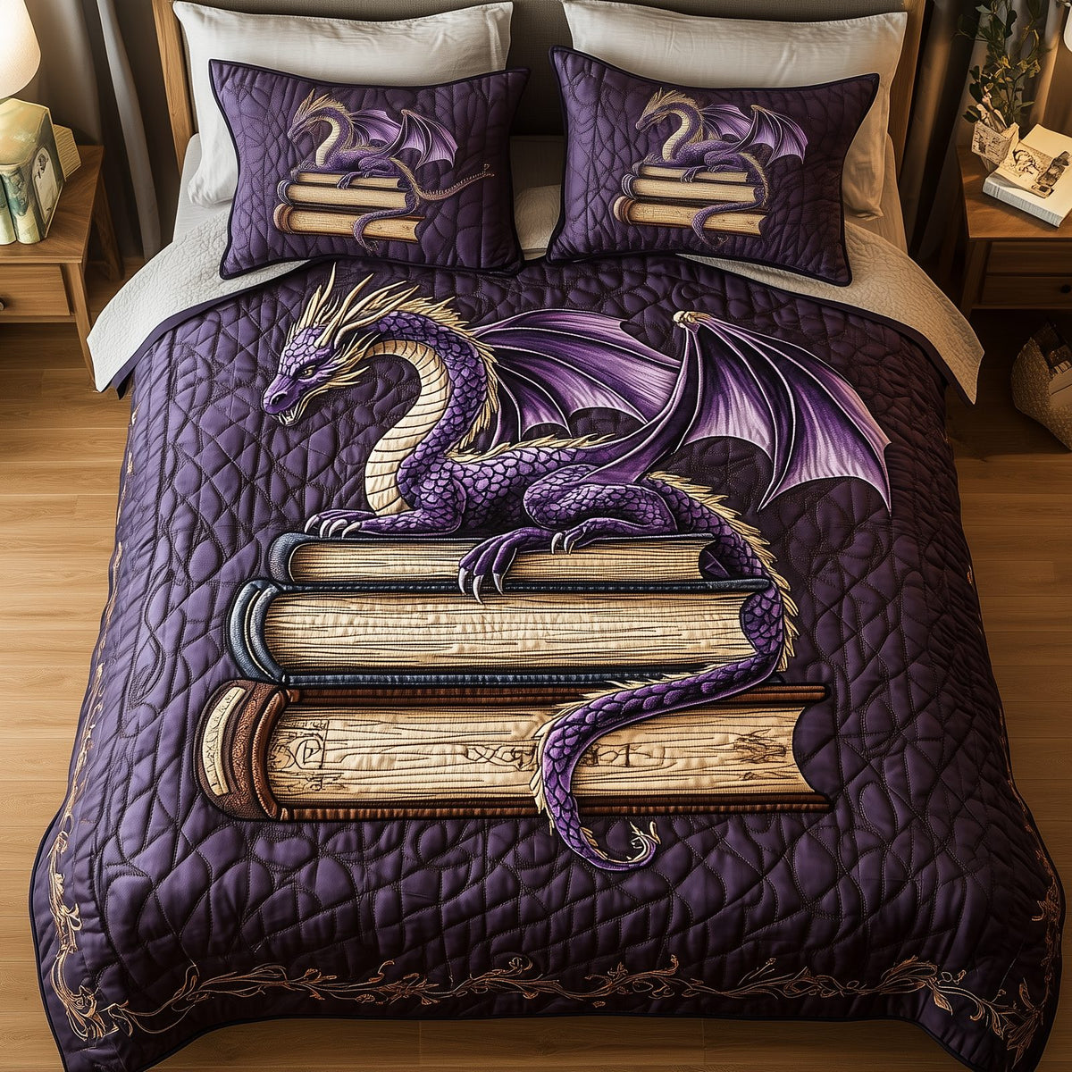 Wisdom Dragon quilted 3-piece bedding set on a made bed with two matching pillow shams