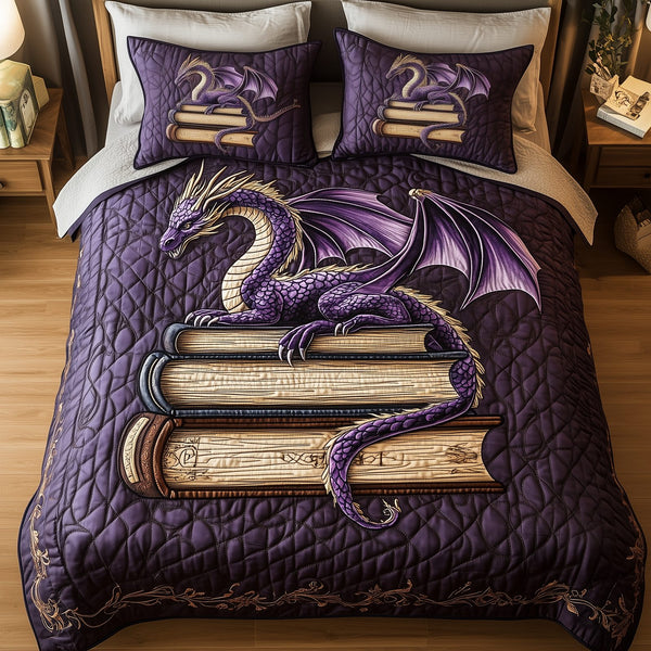 Wisdom Dragon quilted 3-piece bedding set on a made bed with two matching pillow shams