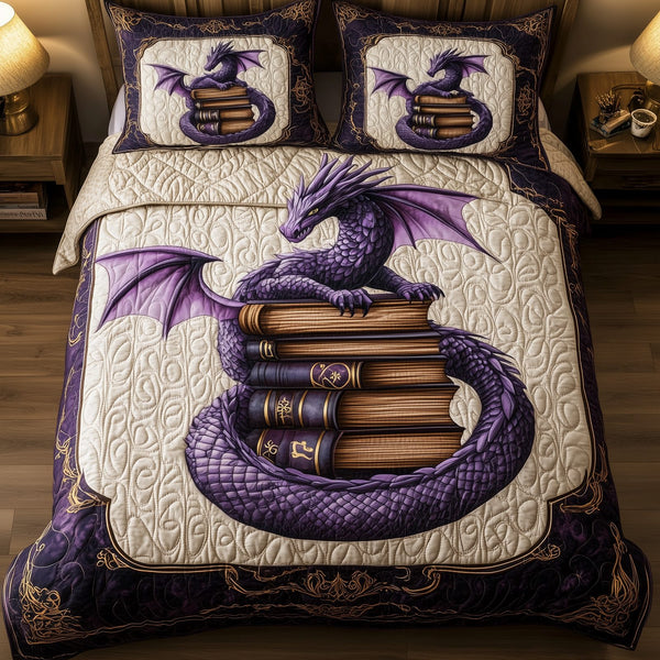 Wisdom Dragon quilted 3-piece bedding set on a made bed with two matching pillow shams