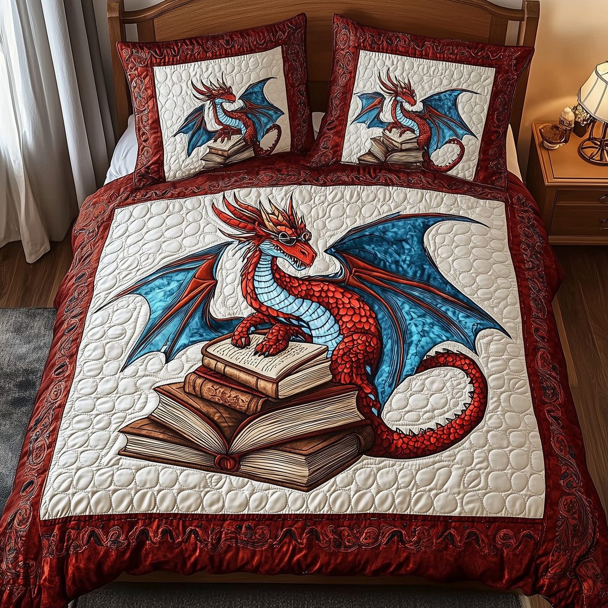 Wisdom Dragon quilted 3-piece bedding set on a made bed with two matching pillow shams