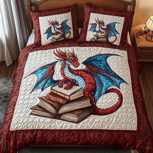 Wisdom Dragon quilted 3-piece bedding set on a made bed with two matching pillow shams