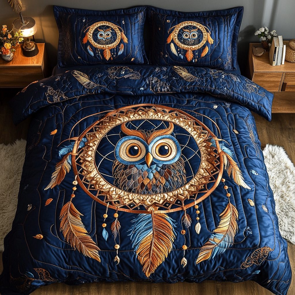 Wisdom Keeper quilted 3-piece bedding set on a made bed with two matching pillow shams