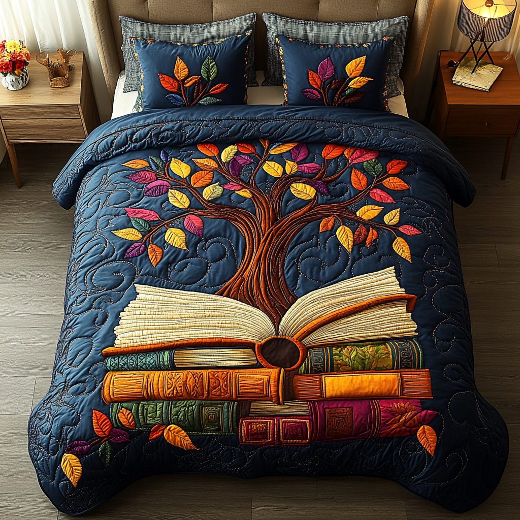 Wisdom Leaves quilted 3-piece bedding set on a made bed with two matching pillow shams