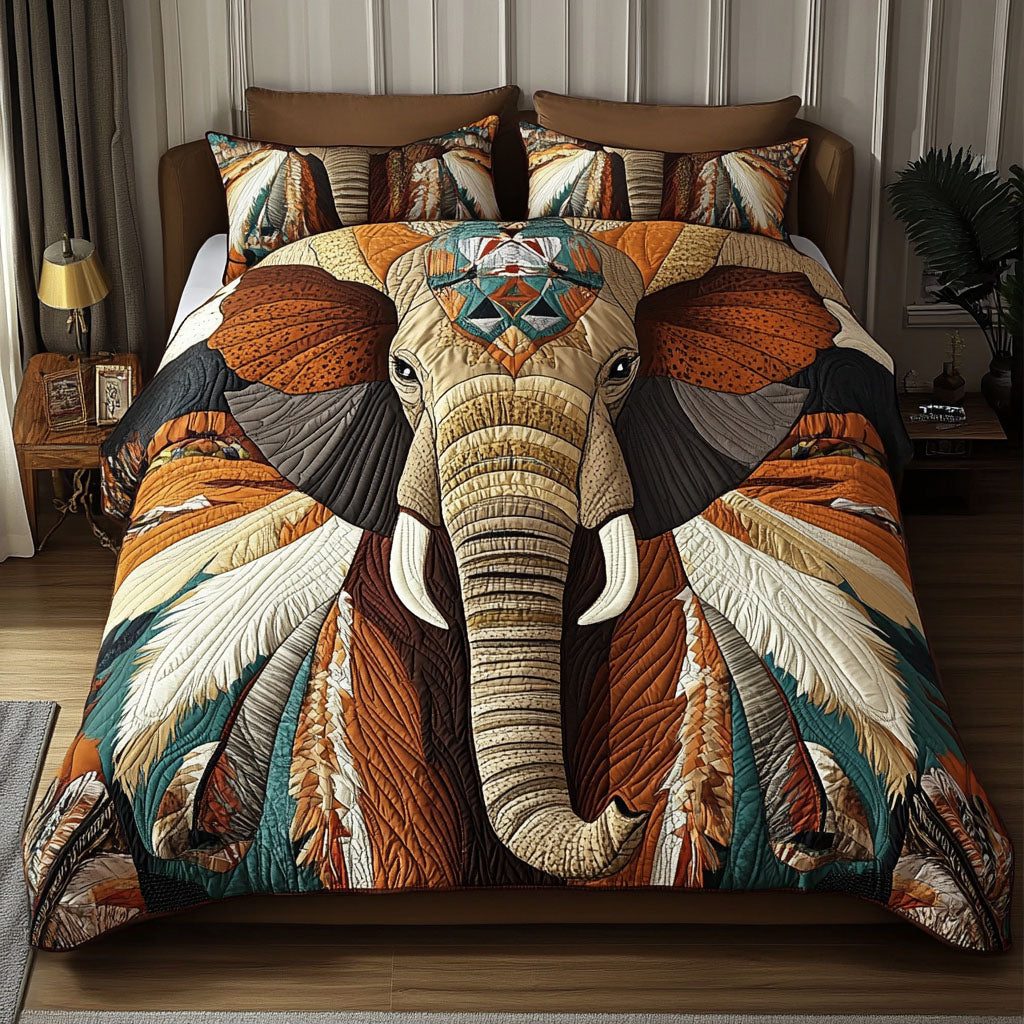 Wisdom of the Plains quilted 3-piece bedding set on a made bed with two matching pillow shams