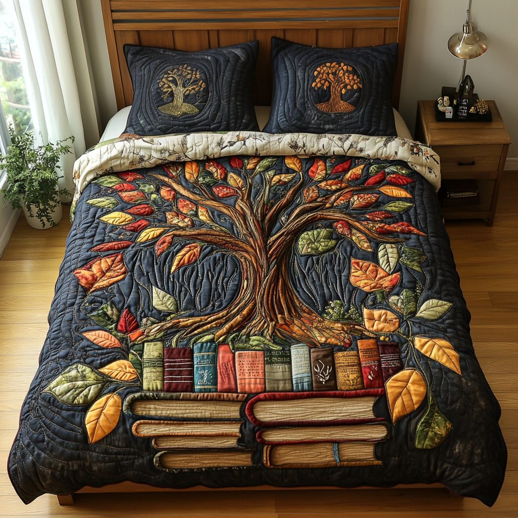 Wisdom Roots quilted 3-piece bedding set on a made bed with two matching pillow shams
