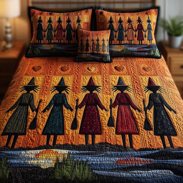 Wisdom Squad quilted 3-piece bedding set on a made bed with two matching pillow shams