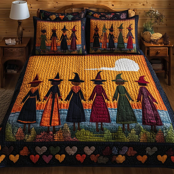 Wisdom Squad quilted 3-piece bedding set on a made bed with two matching pillow shams
