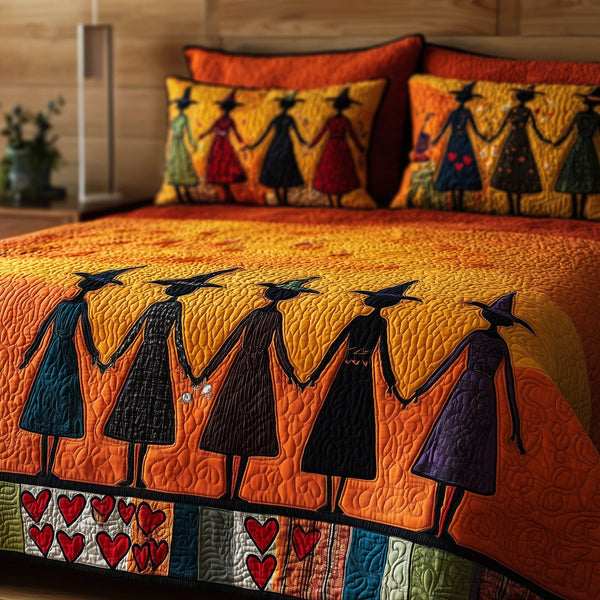 Wisdom Squad quilted 3-piece bedding set on a made bed with two matching pillow shams
