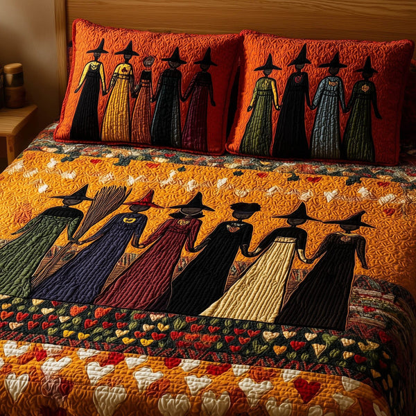 Wisdom Squad quilted 3-piece bedding set on a made bed with two matching pillow shams