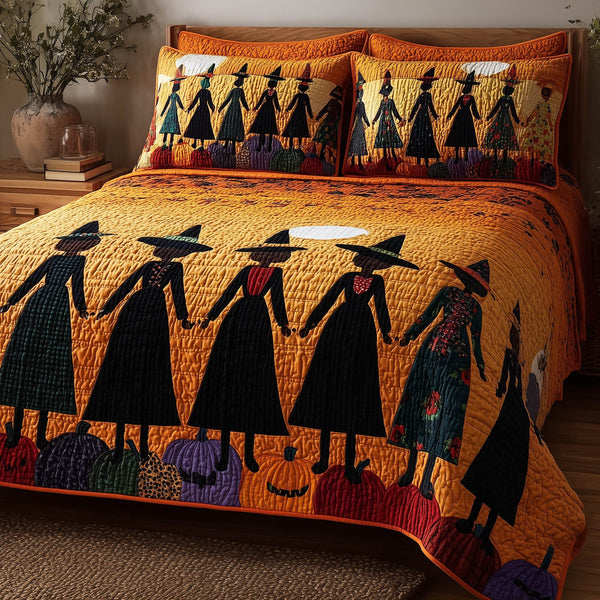 Wisdom Squad quilted 3-piece bedding set on a made bed with two matching pillow shams