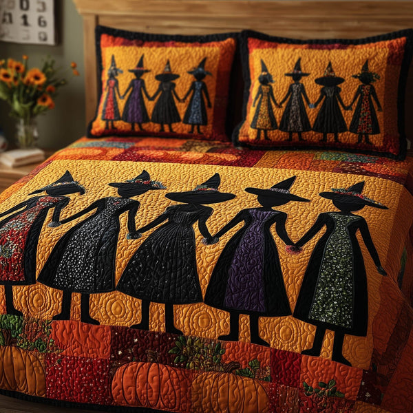 Wisdom Squad quilted 3-piece bedding set on a made bed with two matching pillow shams