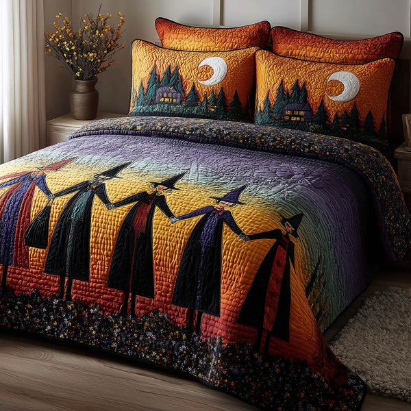 Wisdom Squad quilted 3-piece bedding set on a made bed with two matching pillow shams