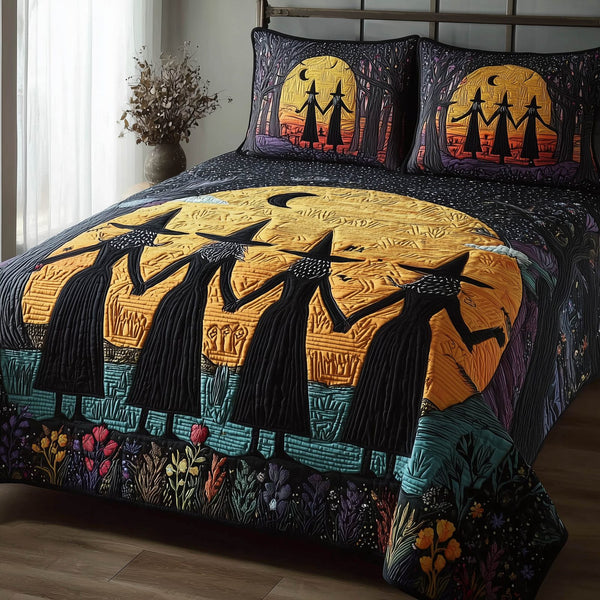 Wisdom Squad quilted 3-piece bedding set on a made bed with two matching pillow shams