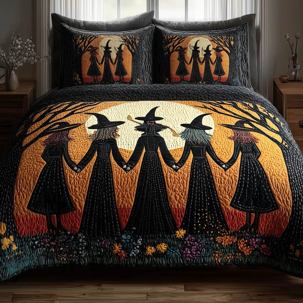 Wisdom Squad quilted 3-piece bedding set on a made bed with two matching pillow shams