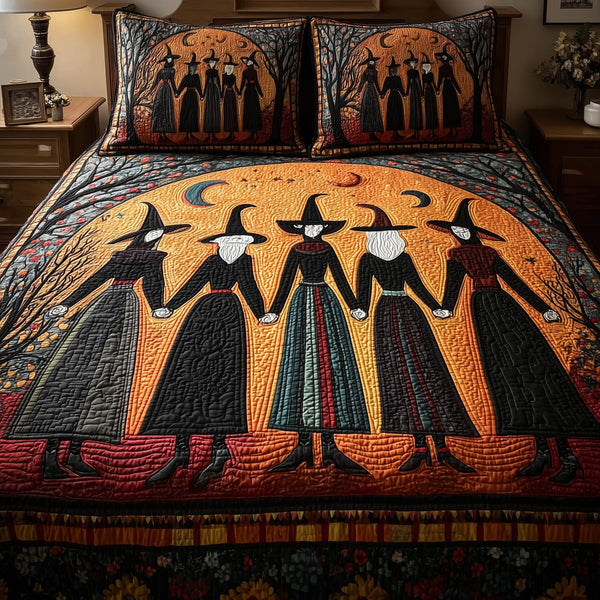 Wisdom Squad quilted 3-piece bedding set on a made bed with two matching pillow shams
