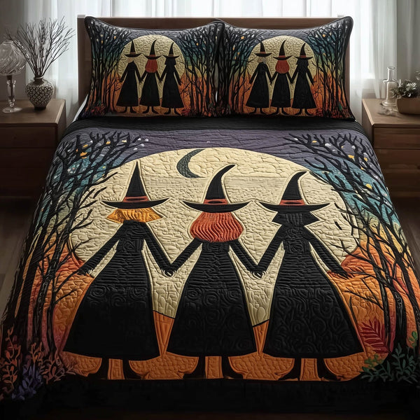 Wisdom Squad quilted 3-piece bedding set on a made bed with two matching pillow shams