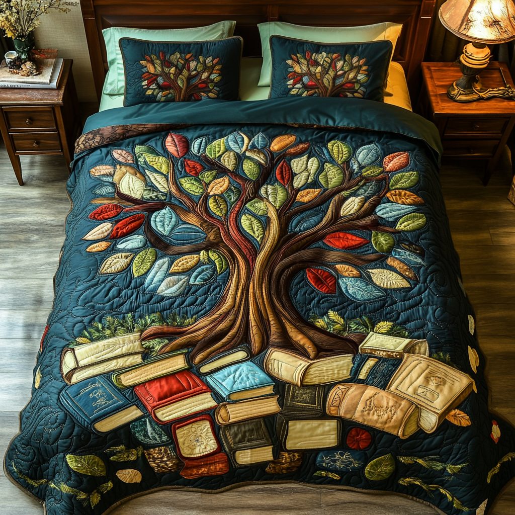 Wisdom Tree quilted 3-piece bedding set on a made bed with two matching pillow shams
