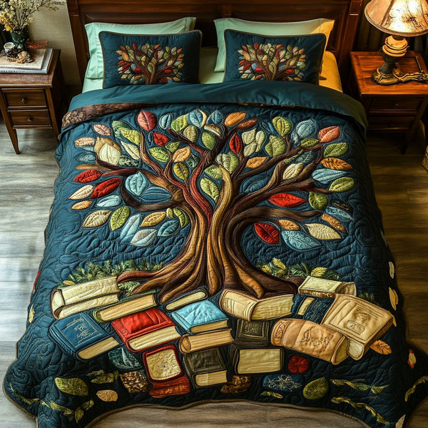 Wisdom Tree quilted 3-piece bedding set on a made bed with two matching pillow shams