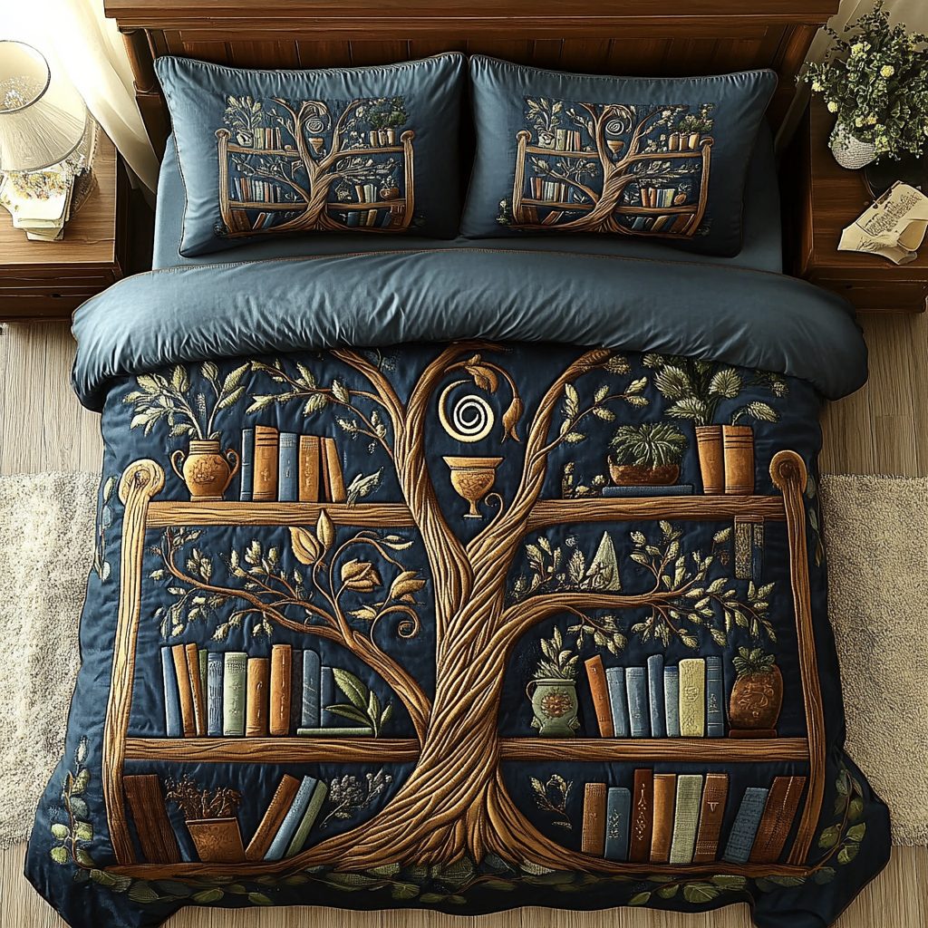 Wisdom Tree quilted 3-piece bedding set on a made bed with two matching pillow shams