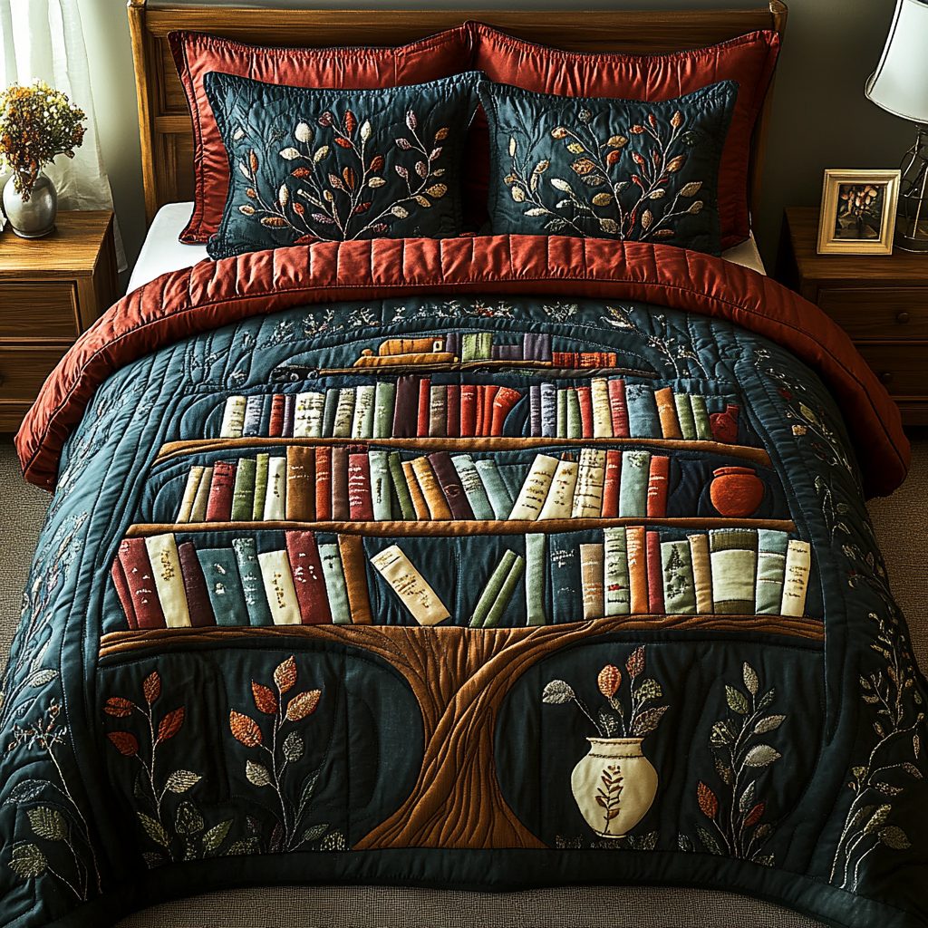 Wisdom Wall quilted 3-piece bedding set on a made bed with two matching pillow shams