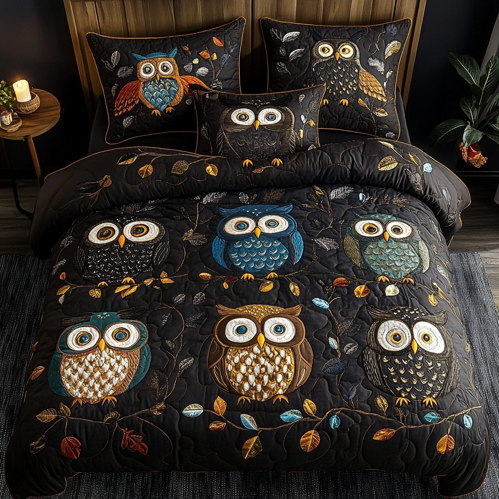 Wisdom Watch quilted 3-piece bedding set on a made bed with two matching pillow shams