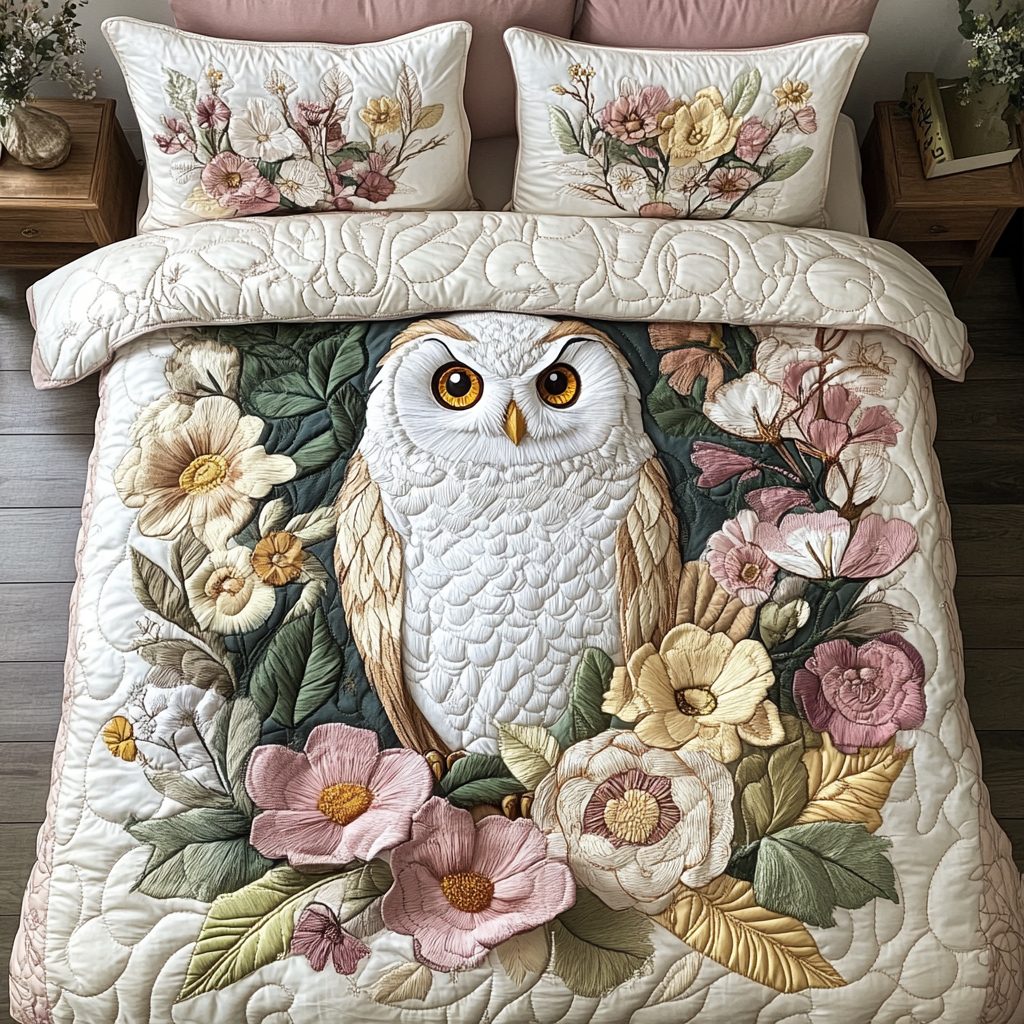 Wise Bloom quilted 3-piece bedding set on a made bed with two matching pillow shams