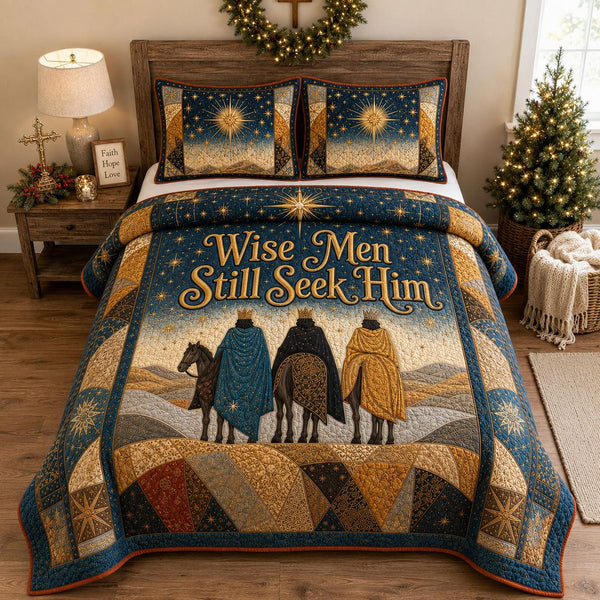 Wise Men Still Seek Him quilted 3-piece bedding set on a made bed with two matching pillow shams