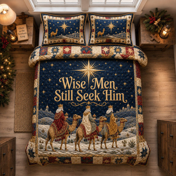 Wise Men Under The Holy Star quilted 3-piece bedding set on a made bed in a softly lit bedroom